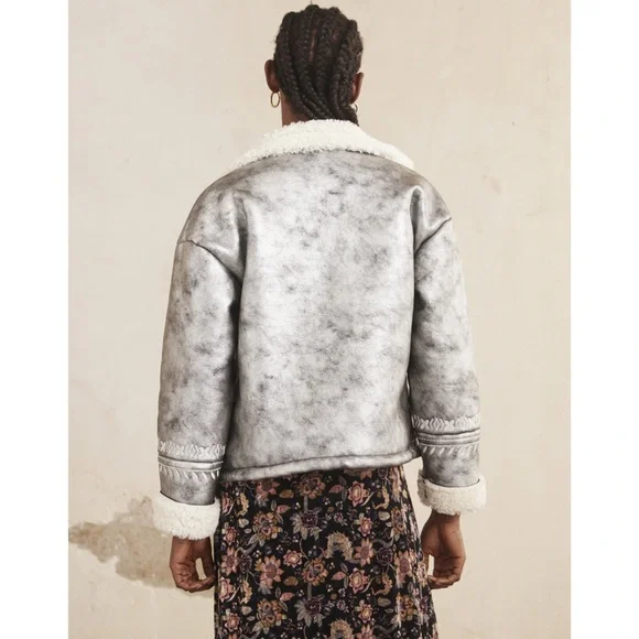 NKN Nekane Gaia Silver Faux Leather Embroidered Aviator Bomber Jacket Small - Picture 2 of 12